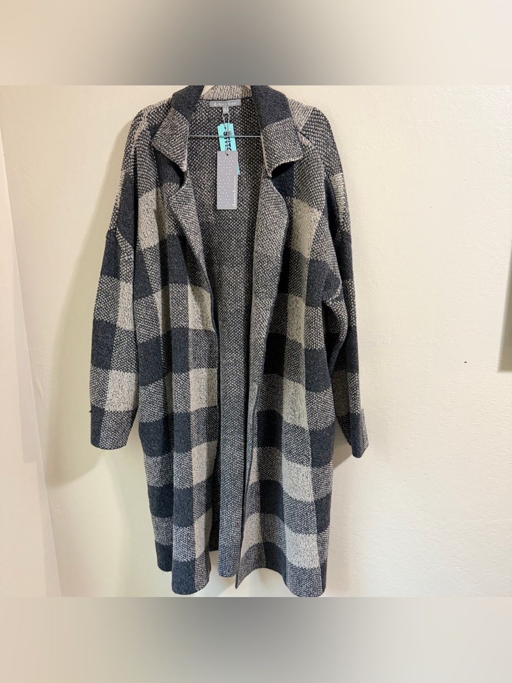 Daniel Rainn NWT Gray Plaid Open Front Duster Cardigan Sweater Coat XL